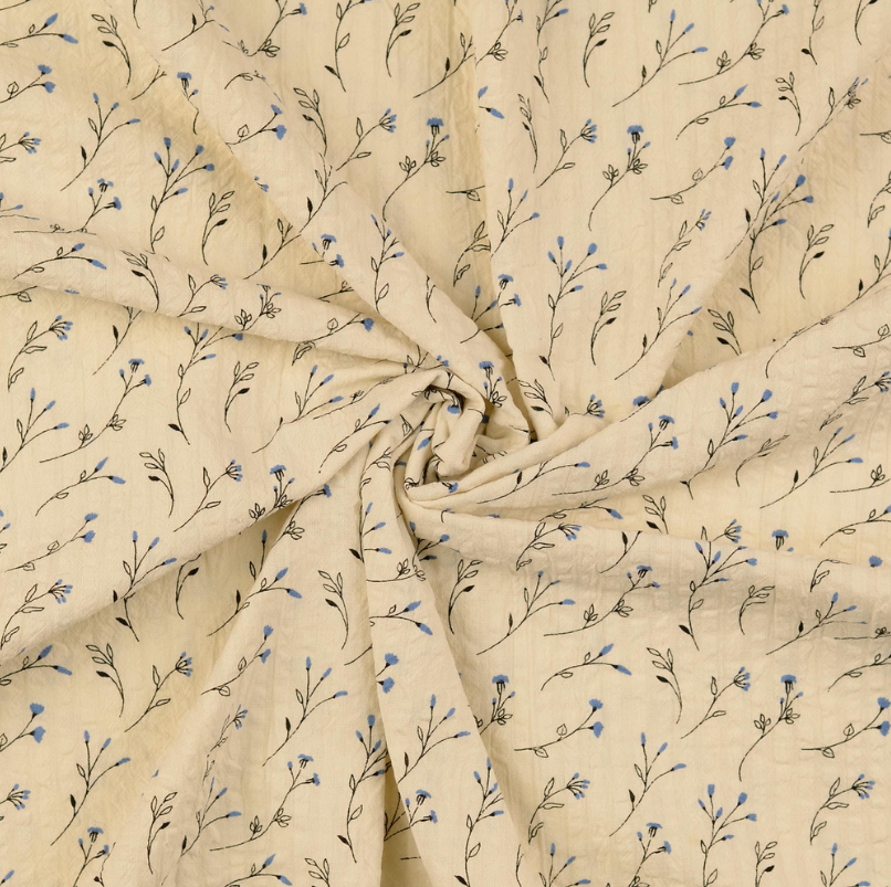 Cotton Seersucker Blossoms Ecru/Jeans