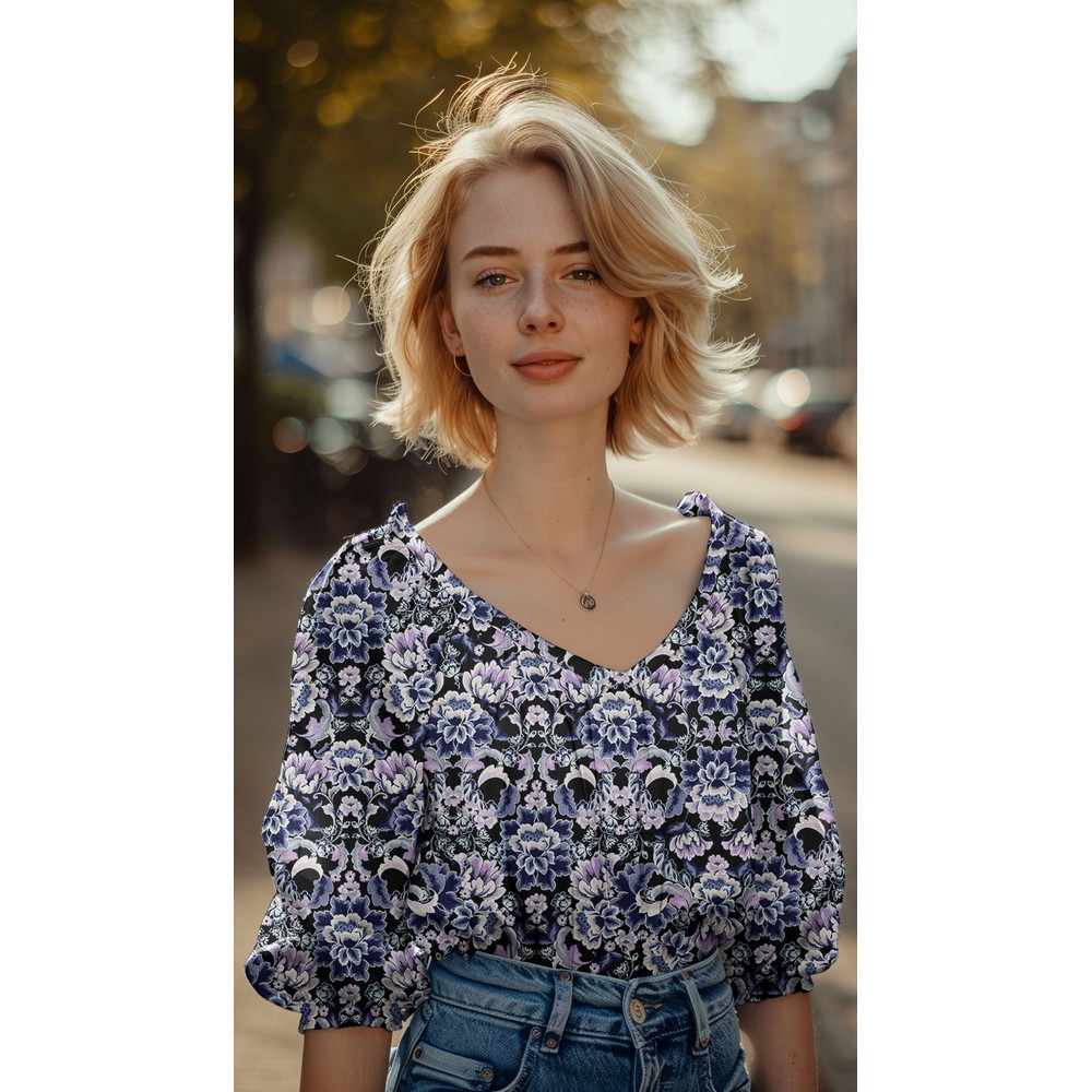 Cotton Satin Digital Flowers Black