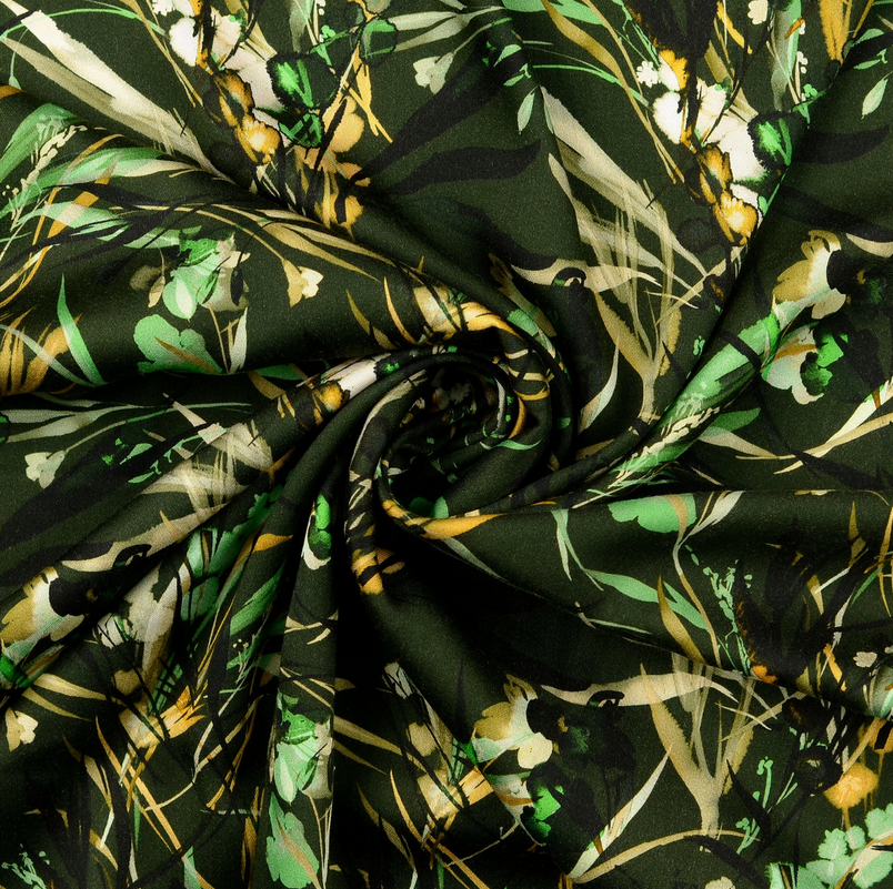 Viscose Satin Digital Leaves & Blossom Green