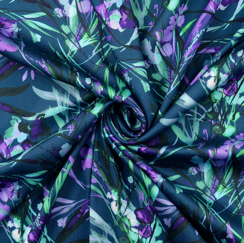 Viscose Satin Digital Leaves & Blossom Blue