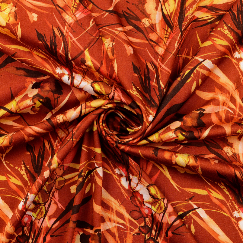 Viscose Satin Digital Leaves & Blossom Orange