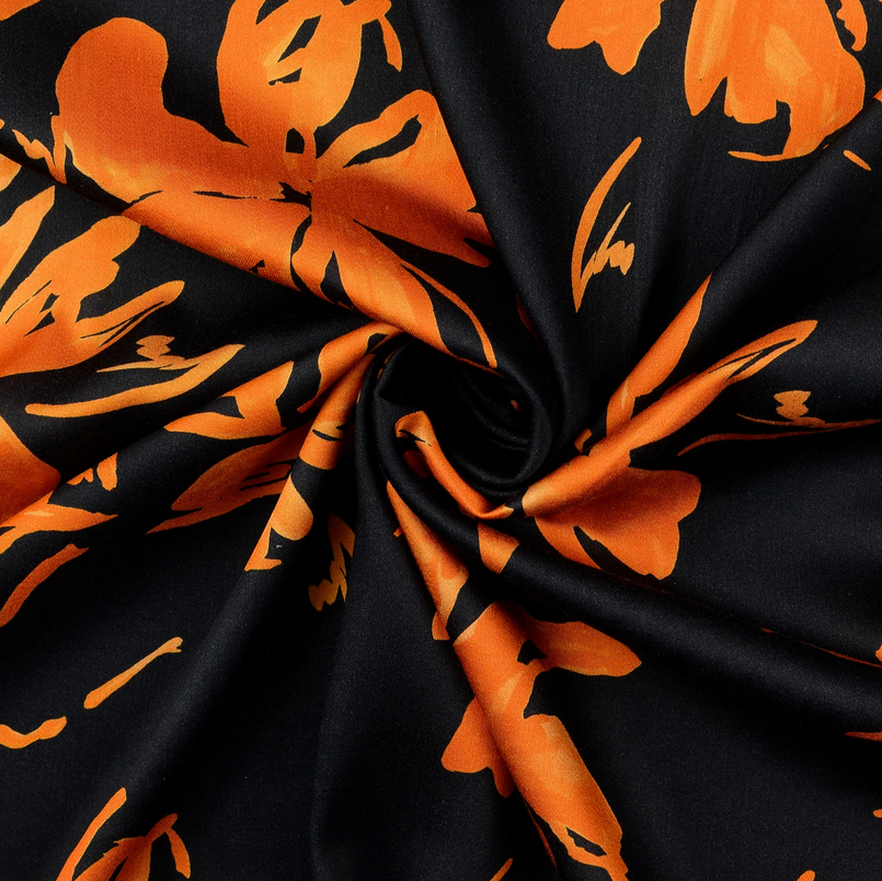 Viscose Satin Digital Orange Flowers