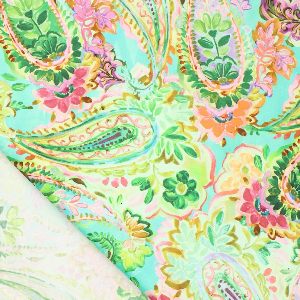 Stretch poplin watercolour paisley groen