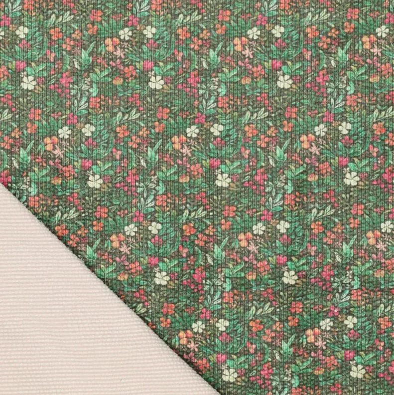 Stretch Corduroy Digiprint Flowers - Green