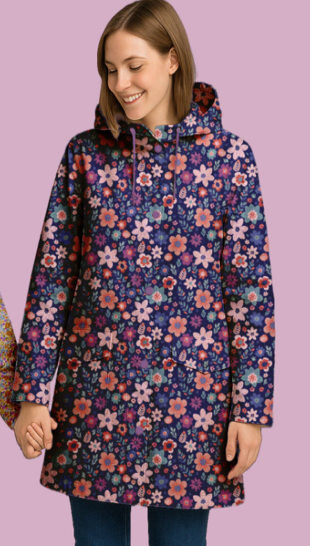 Waterdichte stof voor regenjas met print Osaya Blue/Pink