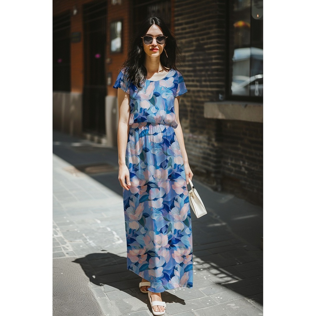 Viscose stretch Digital Pink Flowers on Blue