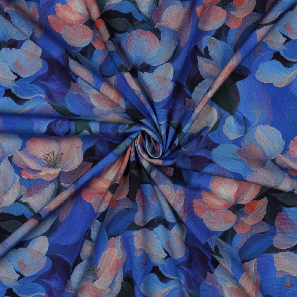 Viscose stretch Digital Pink Flowers on Blue