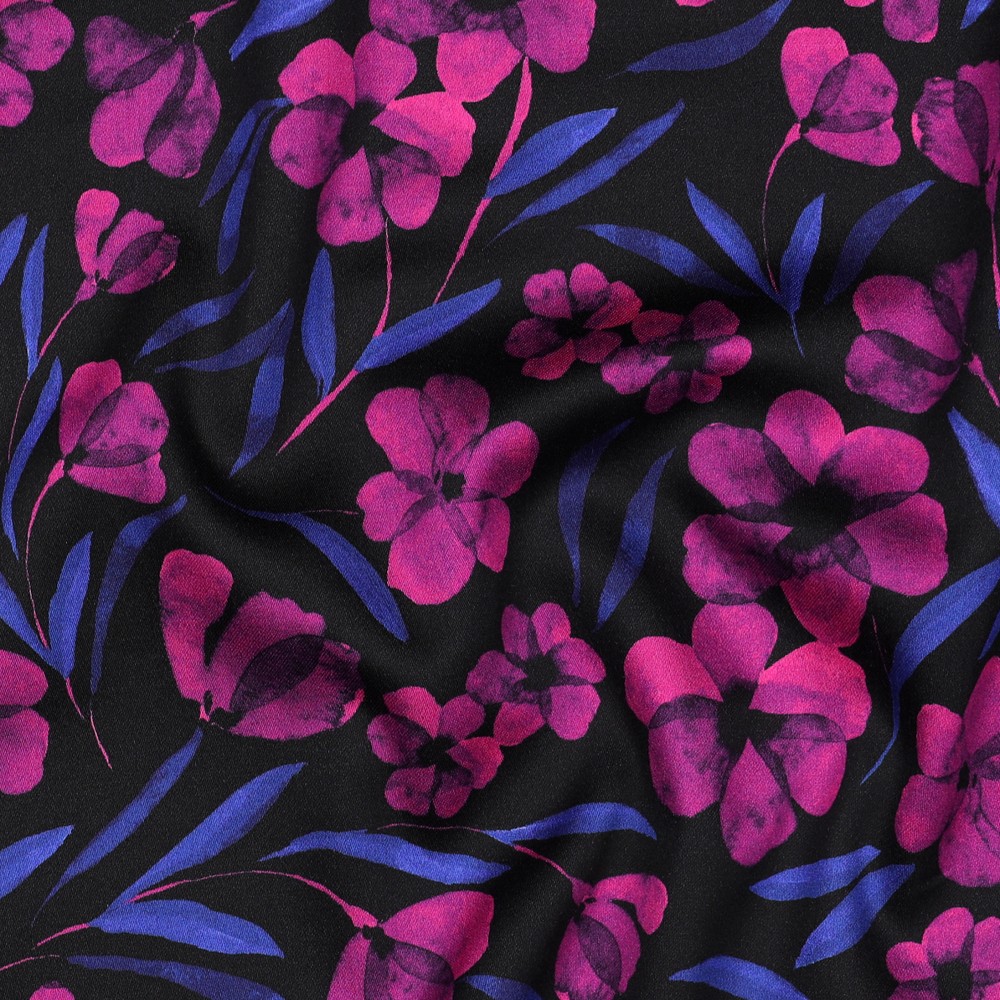 Cotton Satin Digital Fuchsia Flower / Blue Leaves