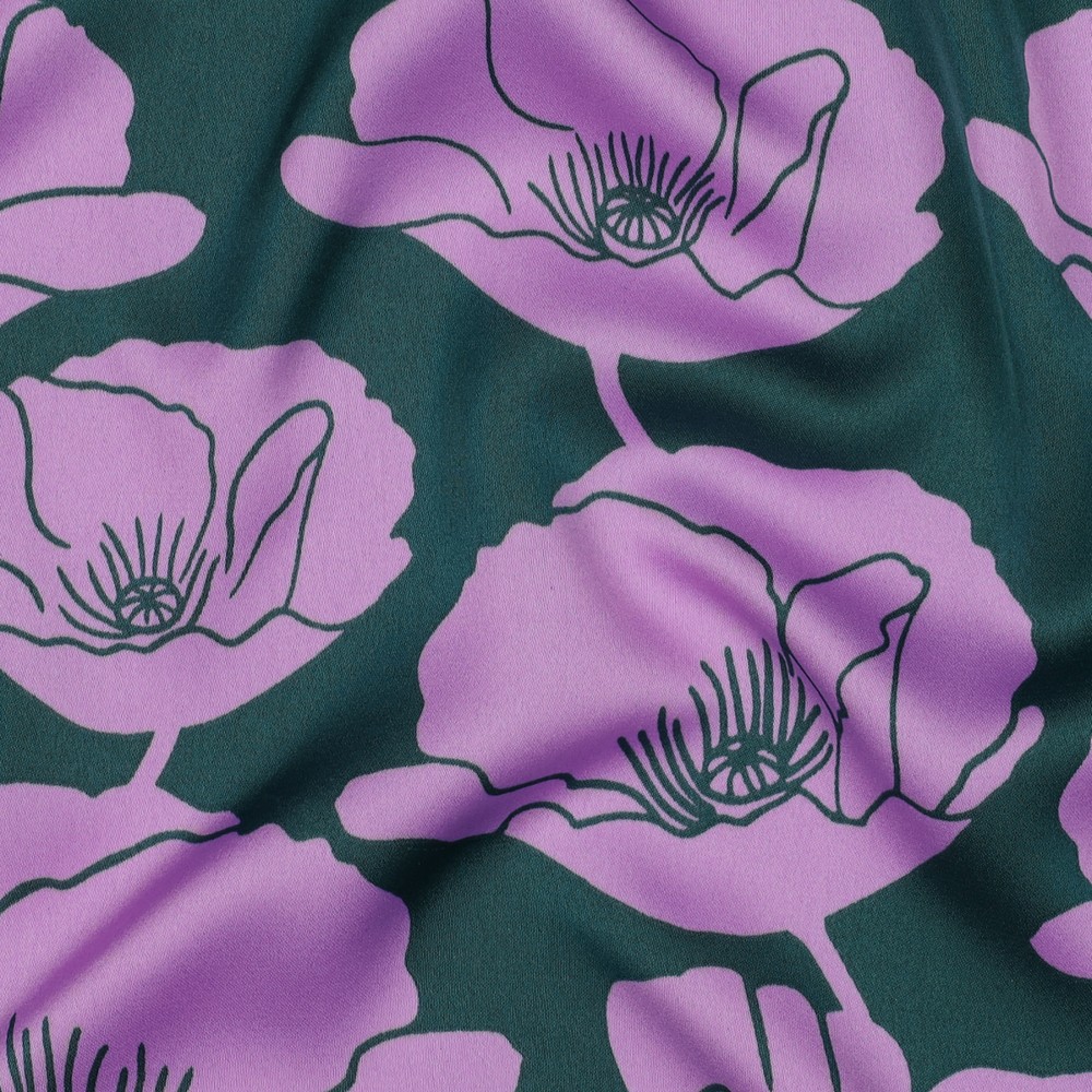 Royal Micro Satin Lilac Poppies on Dark Green