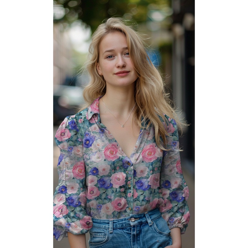 Double Gauze Digital Flowers - Petrol