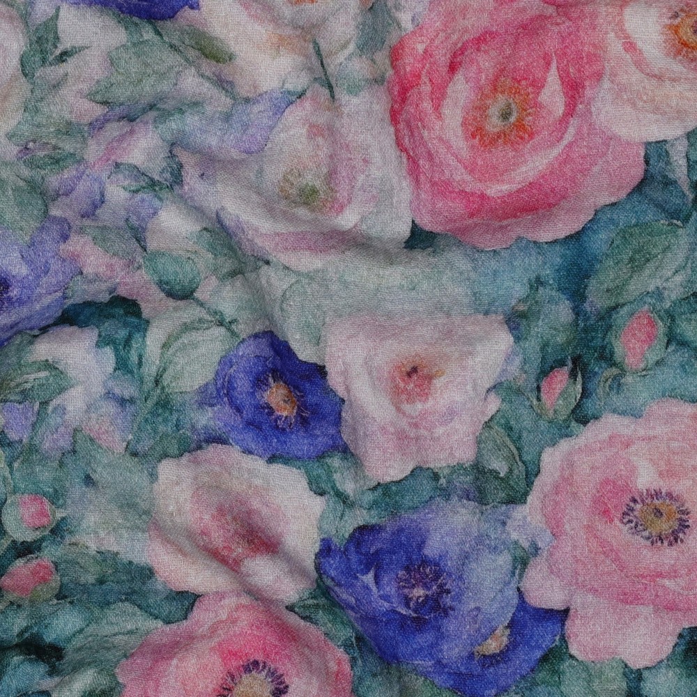 Double Gauze Digital Flowers - Petrol