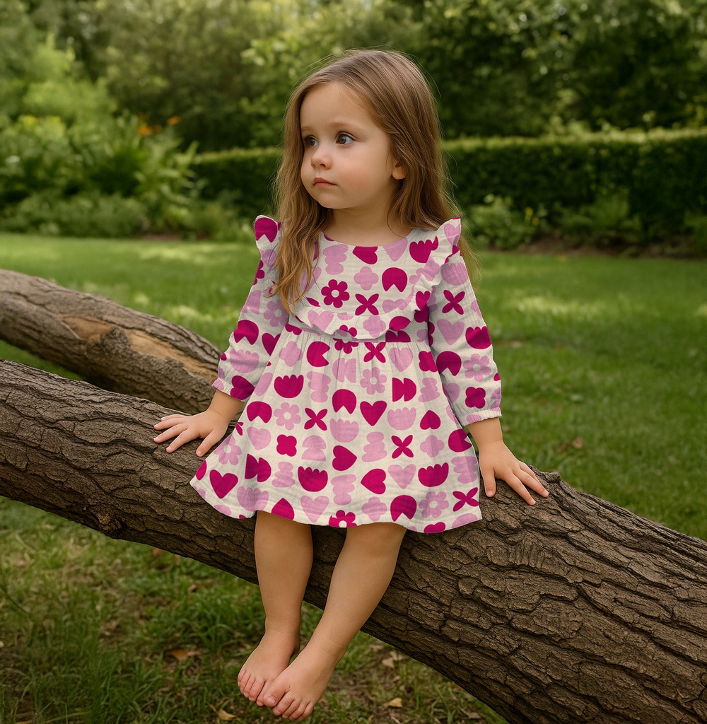 Double Gauze Bio Love shapes Fuchsia/Ecru