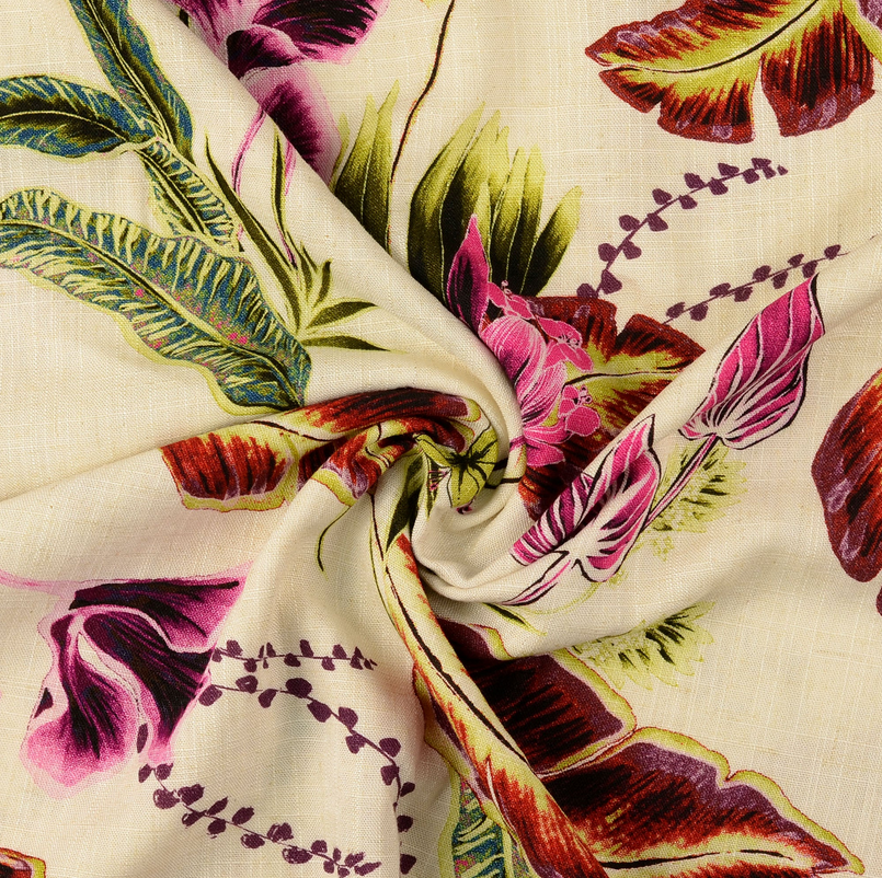 Viscose Linnen Digital Palm Fuchsia/Wine