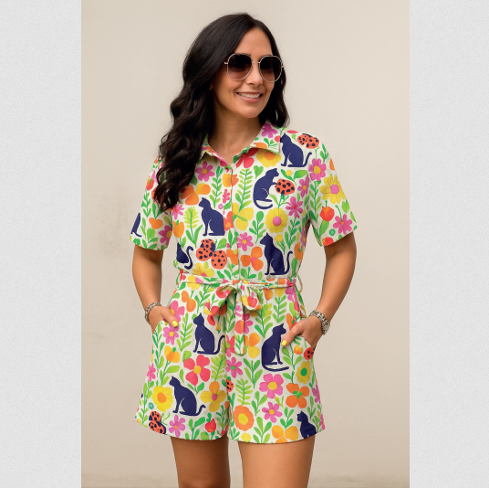 Jersey Katoen Digital Cats and Flowers Off White