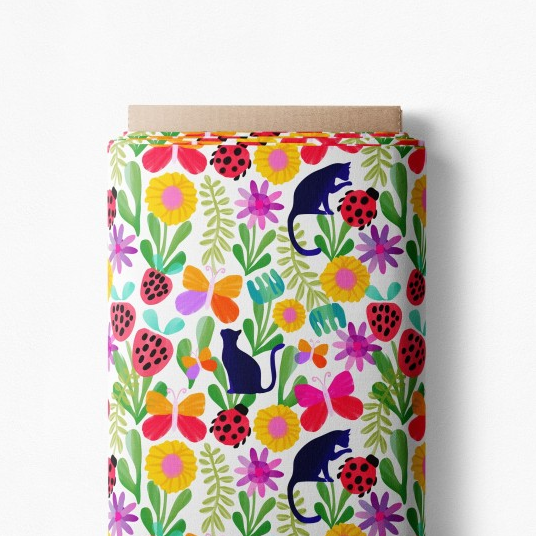 Jersey Katoen Digital Cats and Flowers Off White