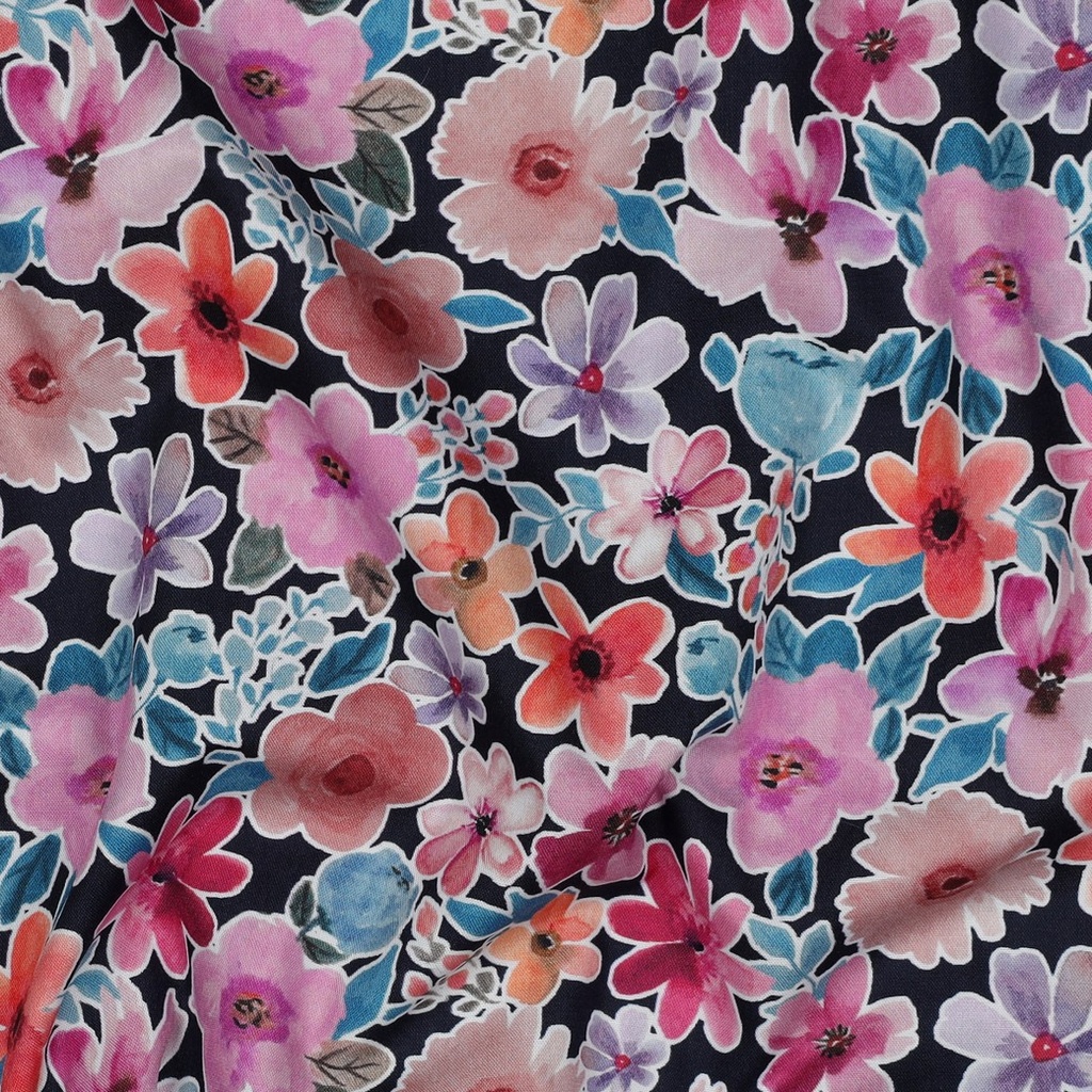 Fine Poplin Digital Rose Flowers on Navy