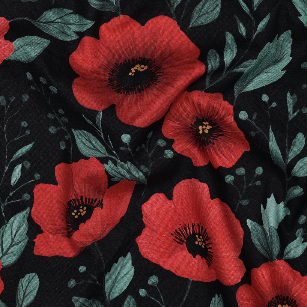 Fine Poplin Digital Poppies Black