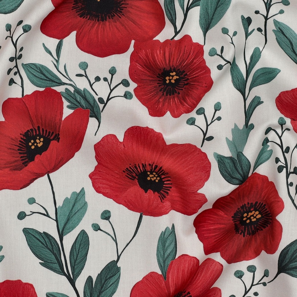 Fine Poplin Digital Poppies Off White