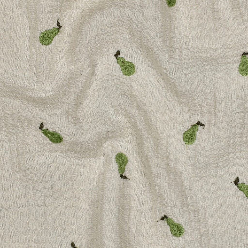 Double Gauze Embroidery Pears Natural/Green