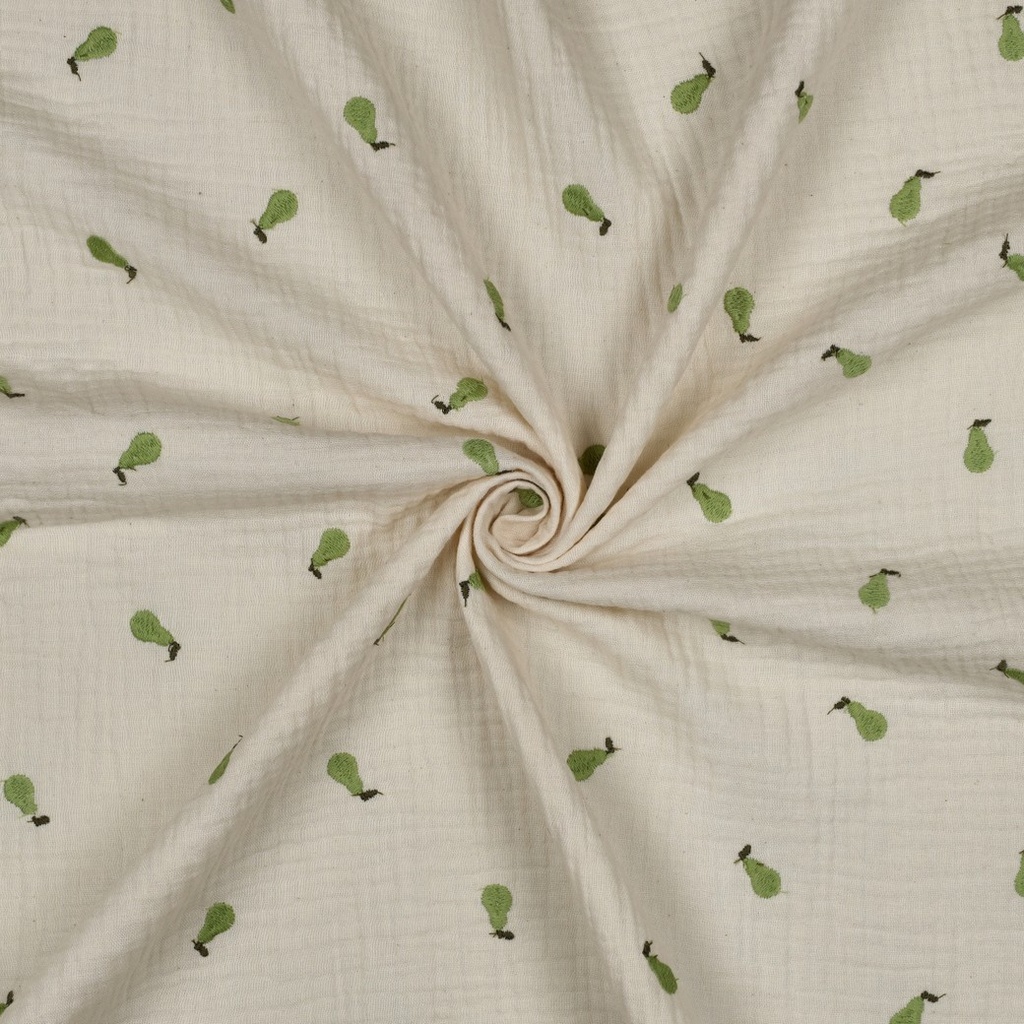 Double Gauze Embroidery Pears Natural/Green