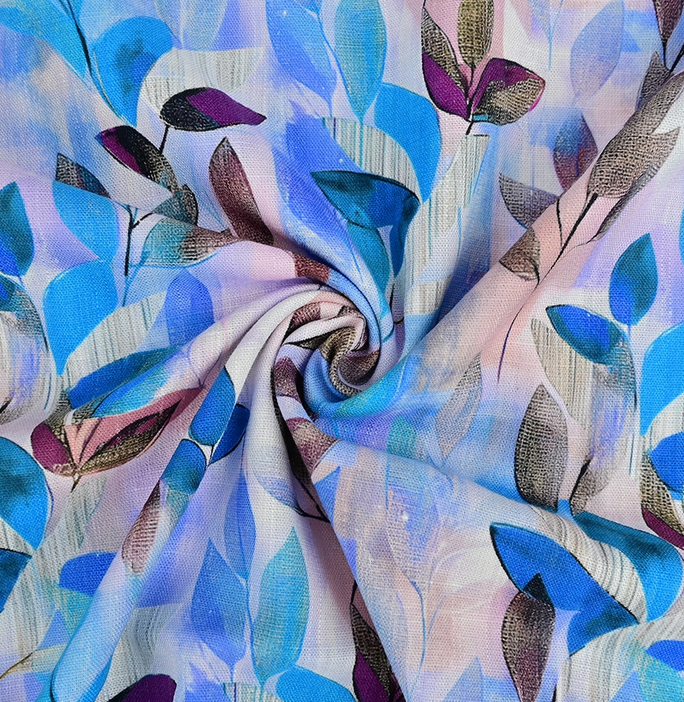 Viscose Linnen Digital Leaves Turquoise