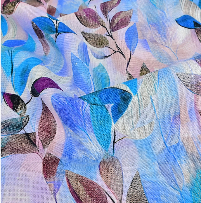 Viscose Linnen Digital Leaves Turquoise