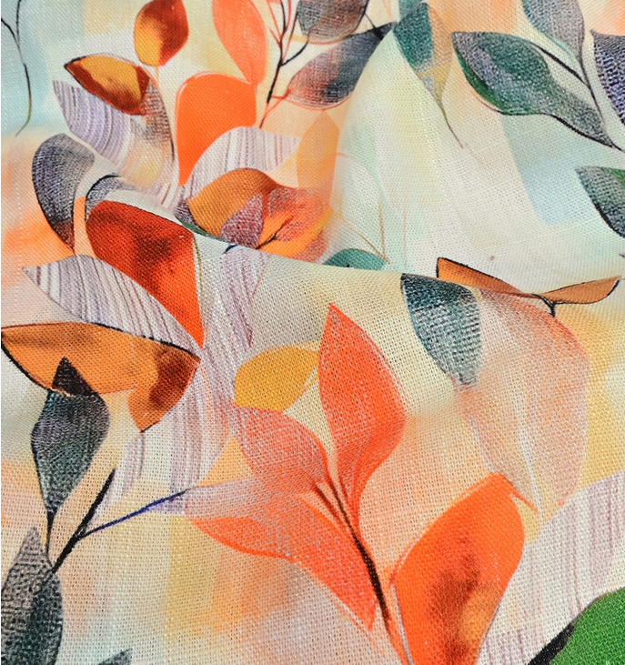 Viscose Linnen Digital Leaves Orange