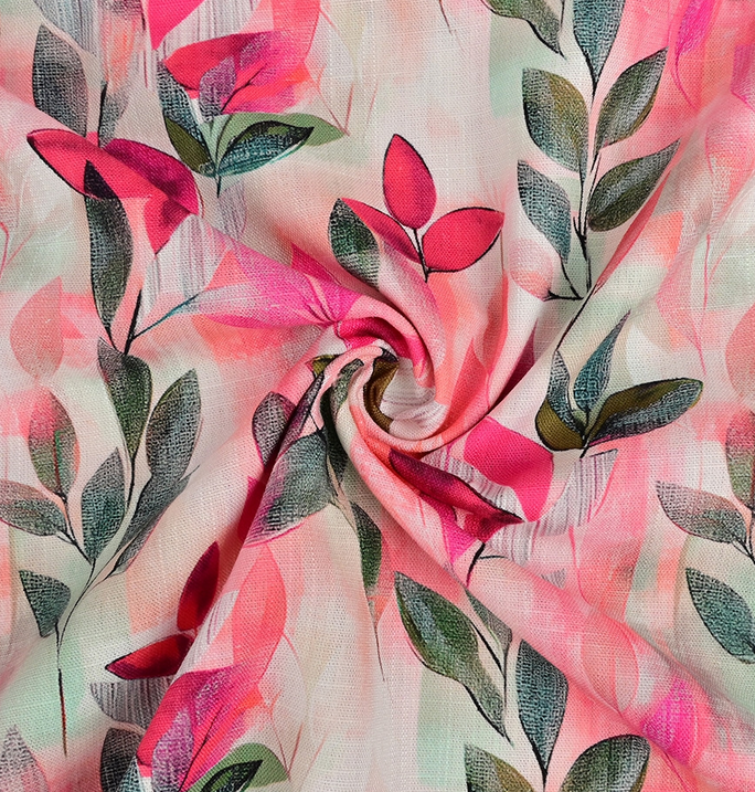 Viscose Linnen Digital Leaves Fuchsia