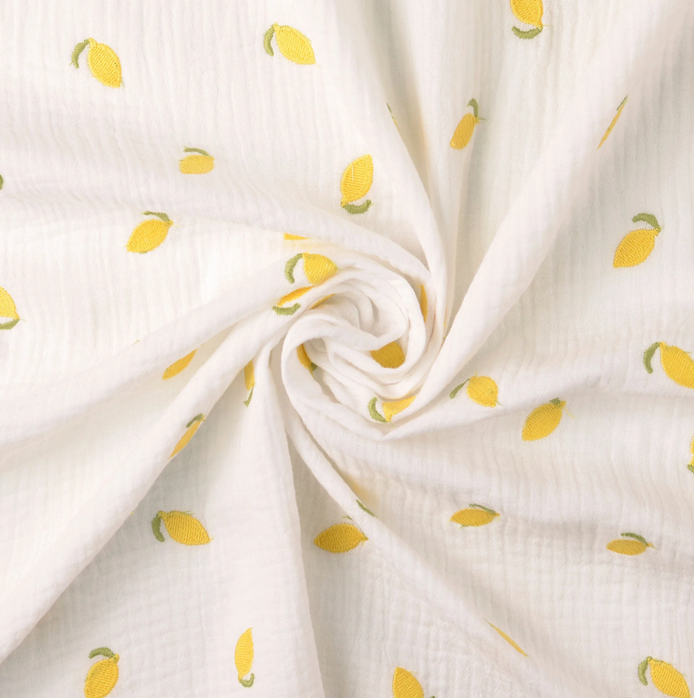 Double Gauze Embroidery Lemons - White