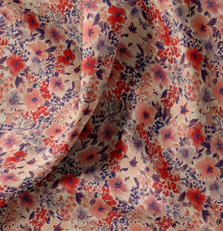 Katoen Digital Print Flowered Giada  Rouge/Blue