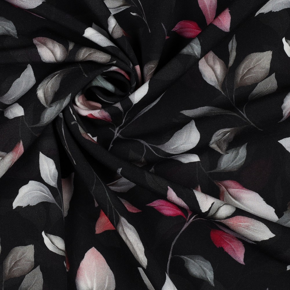 Viscose Poplin Stretch Leaves Black