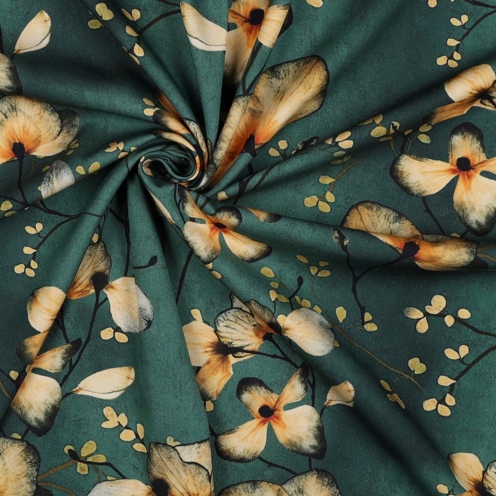 Viscose Twill Stretch Digital Orange Flowers Green