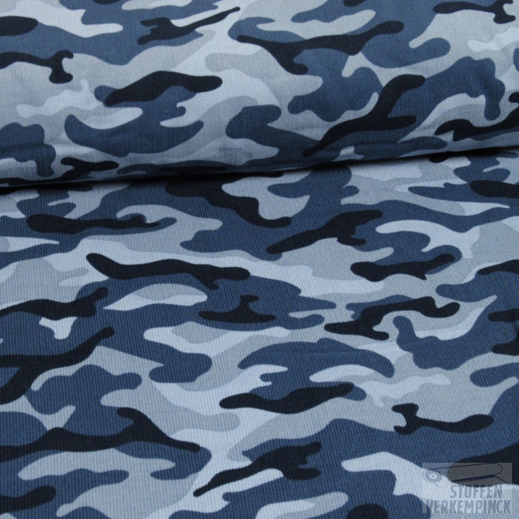Ribfluweel Babycord camouflage - Blauw