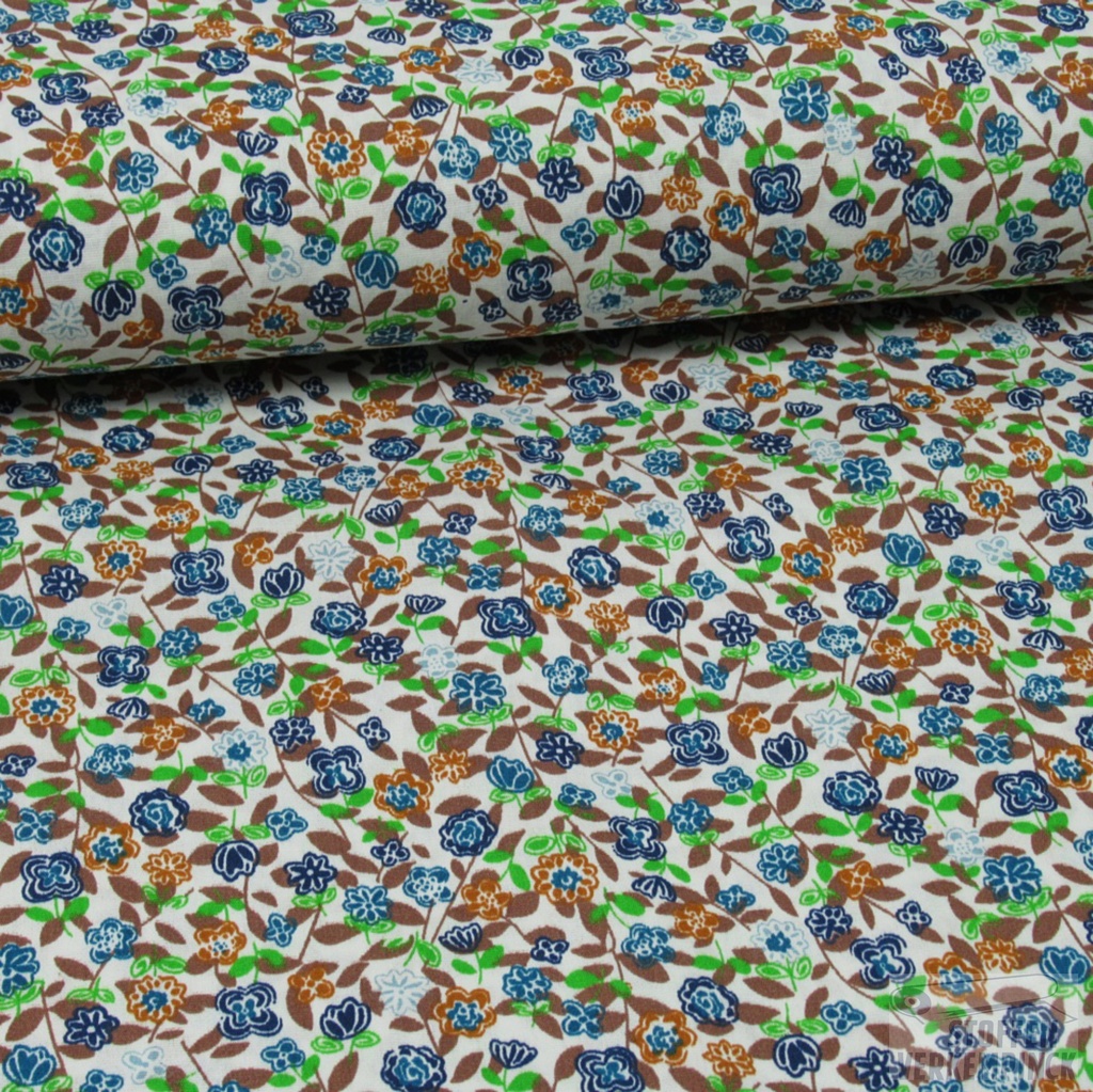 Stretch Popeline Print Bloemetjes Blauw/Bruin/Groen