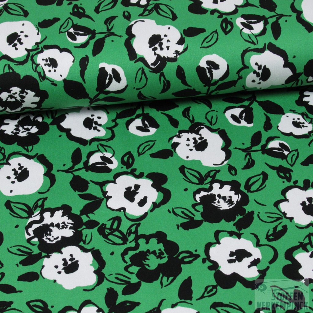 Stretch Satijn Katoen Print Bloemen Groen