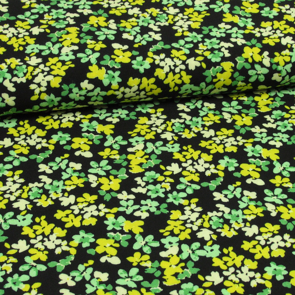 Viscose Print Kleine Bloemetjes Groen op Zwart