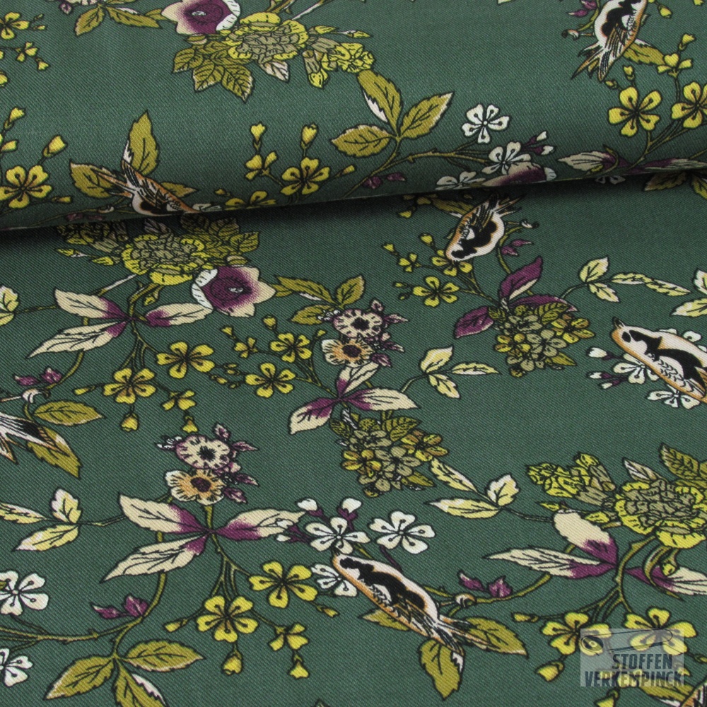 Viscose Twill Vogeltjes en Bloemen Groen