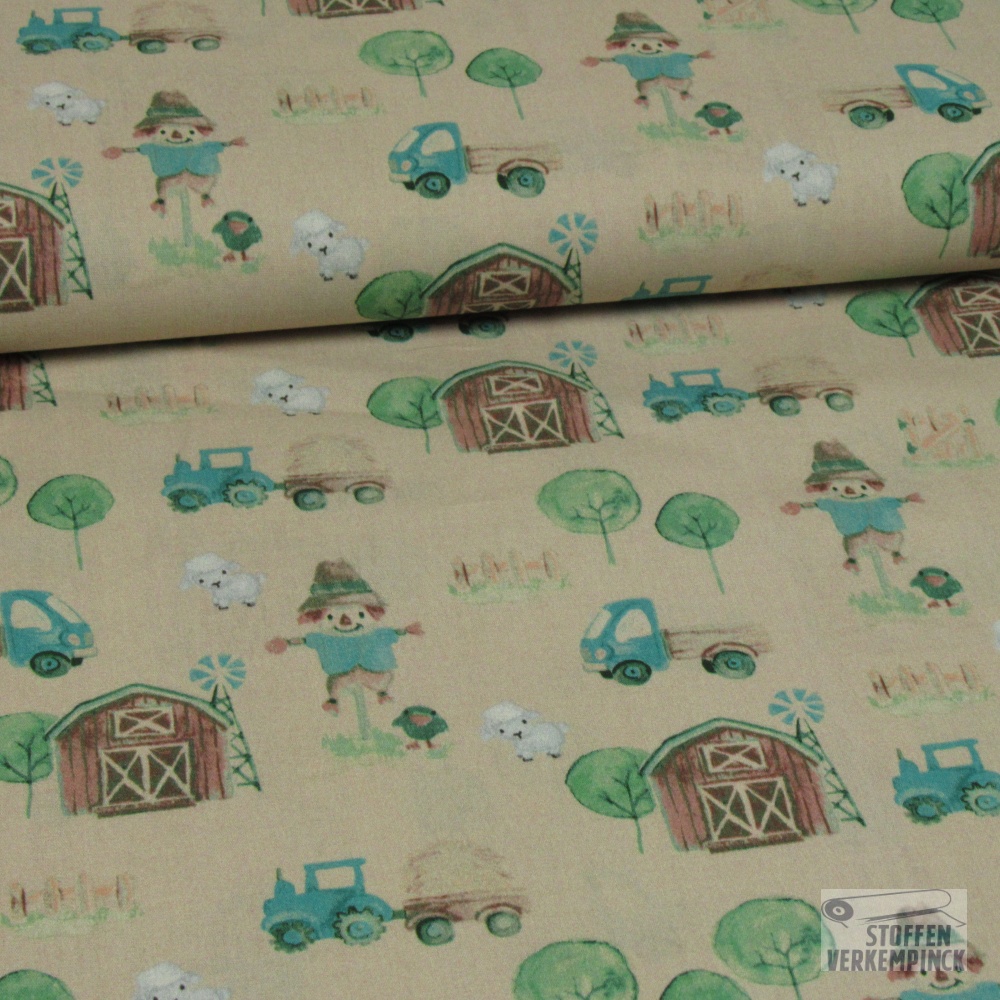 Popeline Digi. Farm Life Beige