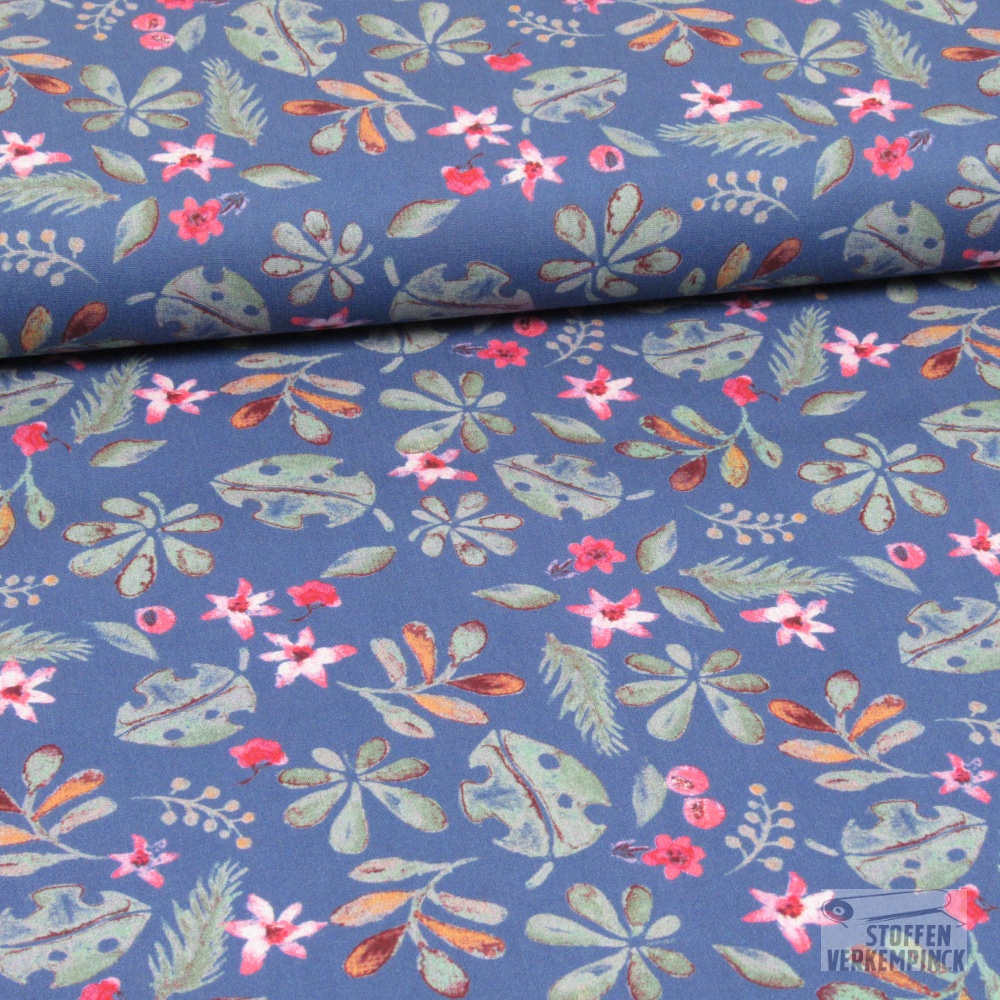 Popeline Digi. Jungle Leaves Blauw