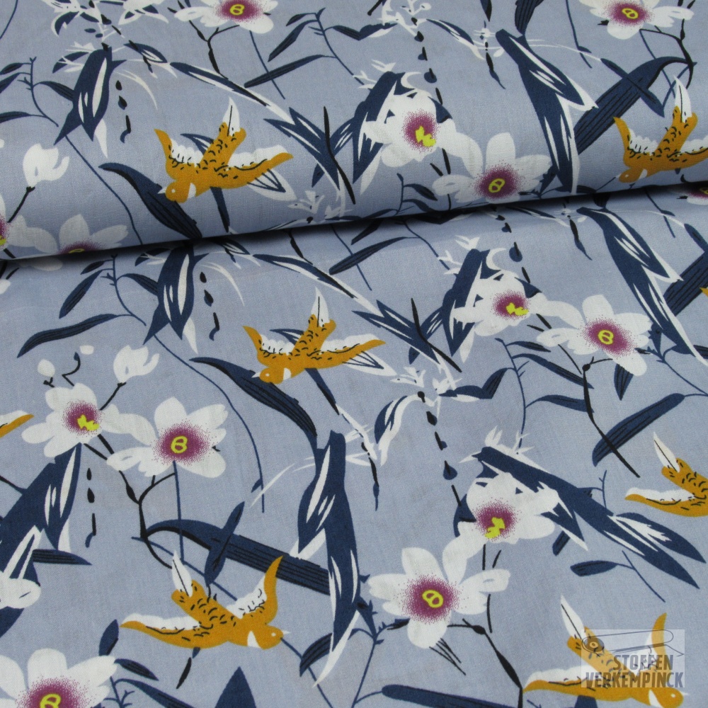 Popeline Bloemen/Zwaluw Blauw