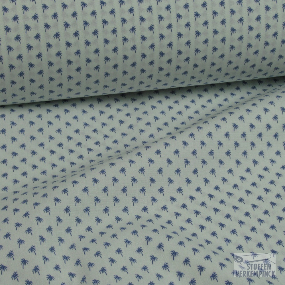 Popeline Print Blauwe palm op licht mint