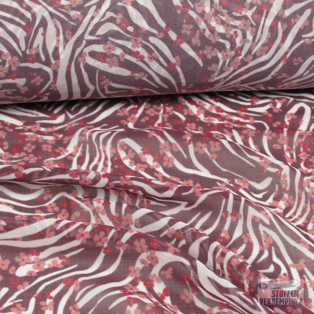 Voile Polyester Zebra-bloemetjes Bordeaux