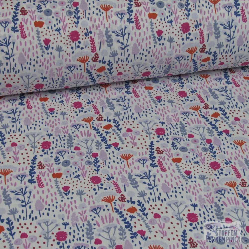 Katoen Print Plantjes Wit/Rose