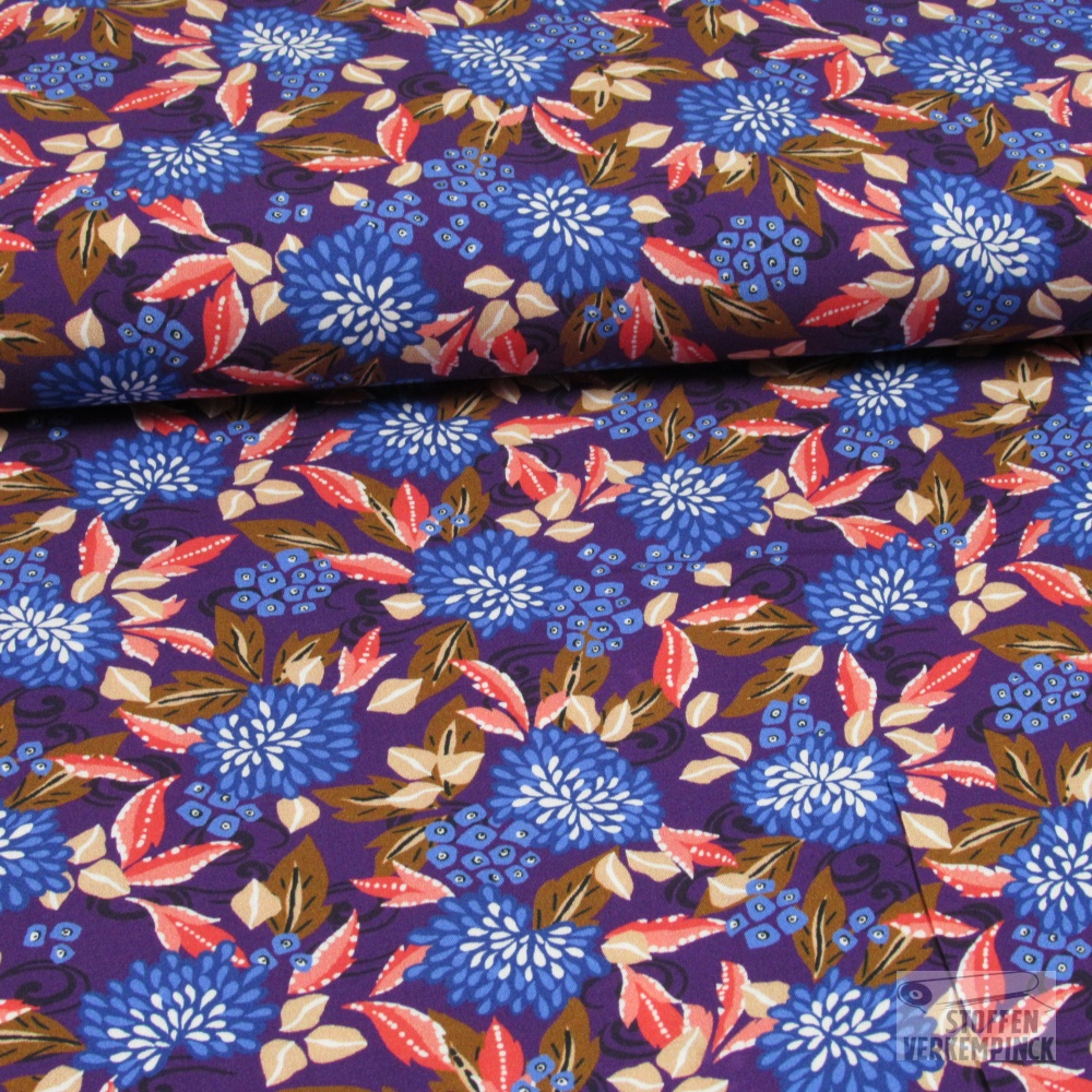 Viscose Bloemenprint Paars/Blauw/Koraal