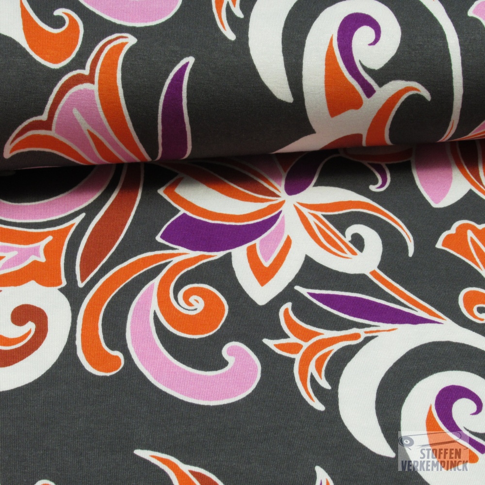Jersey Viscose Barokbloem Grijs