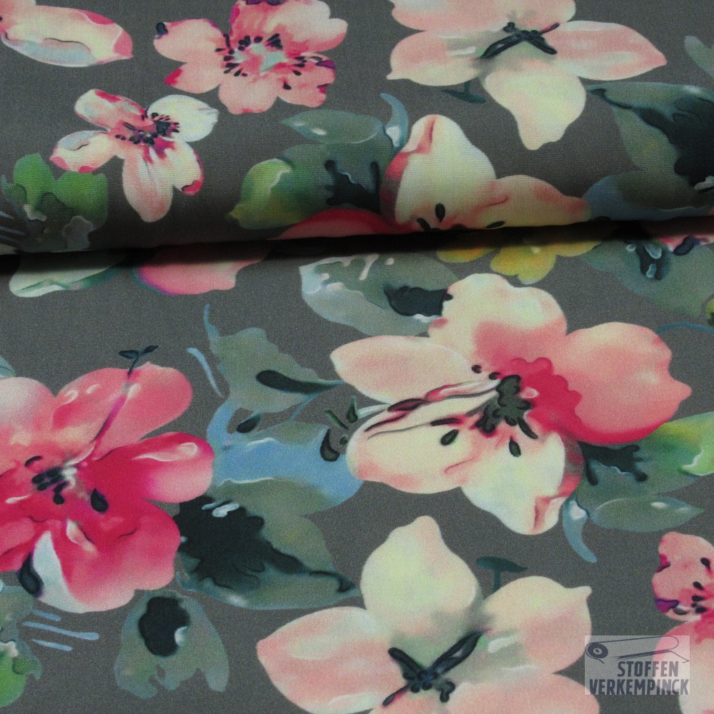 Viscose digital Gebloemd Grijs
