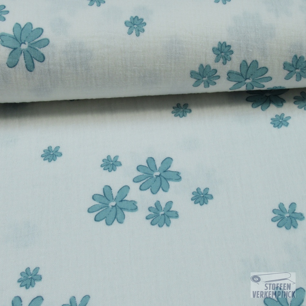 Double Gauze Dreamy Flowers Wit/Munt