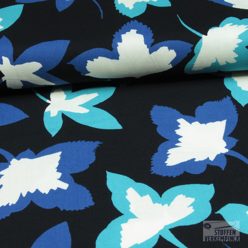 Viscose Twill Zwart Gebloemd Blauw/Aqua