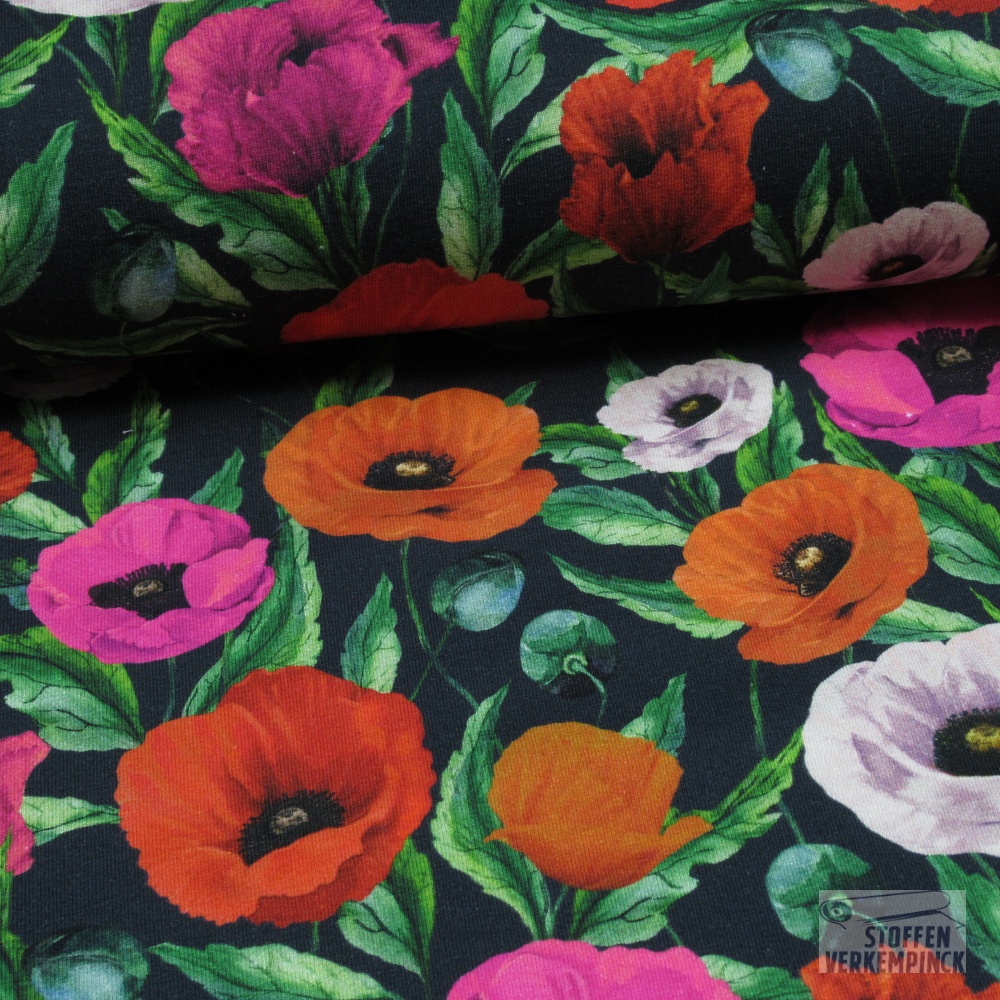 French Terry Digital Poppies - Navy