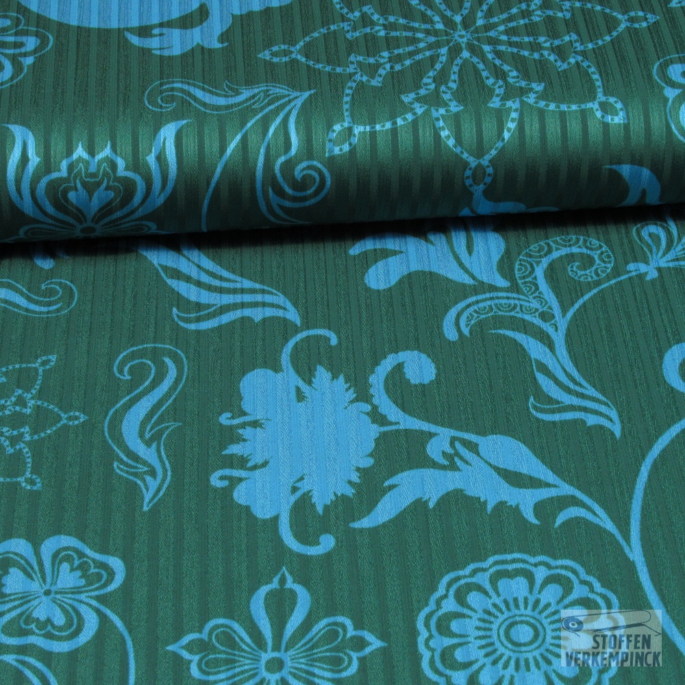 Polyester Groen Gesteept met Blauw Bloemen